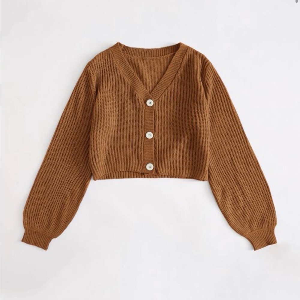 SHEIN Rust Ribbed Button-Up Cottagecore Grandma Balloon Sleeve Cropped Cardigan